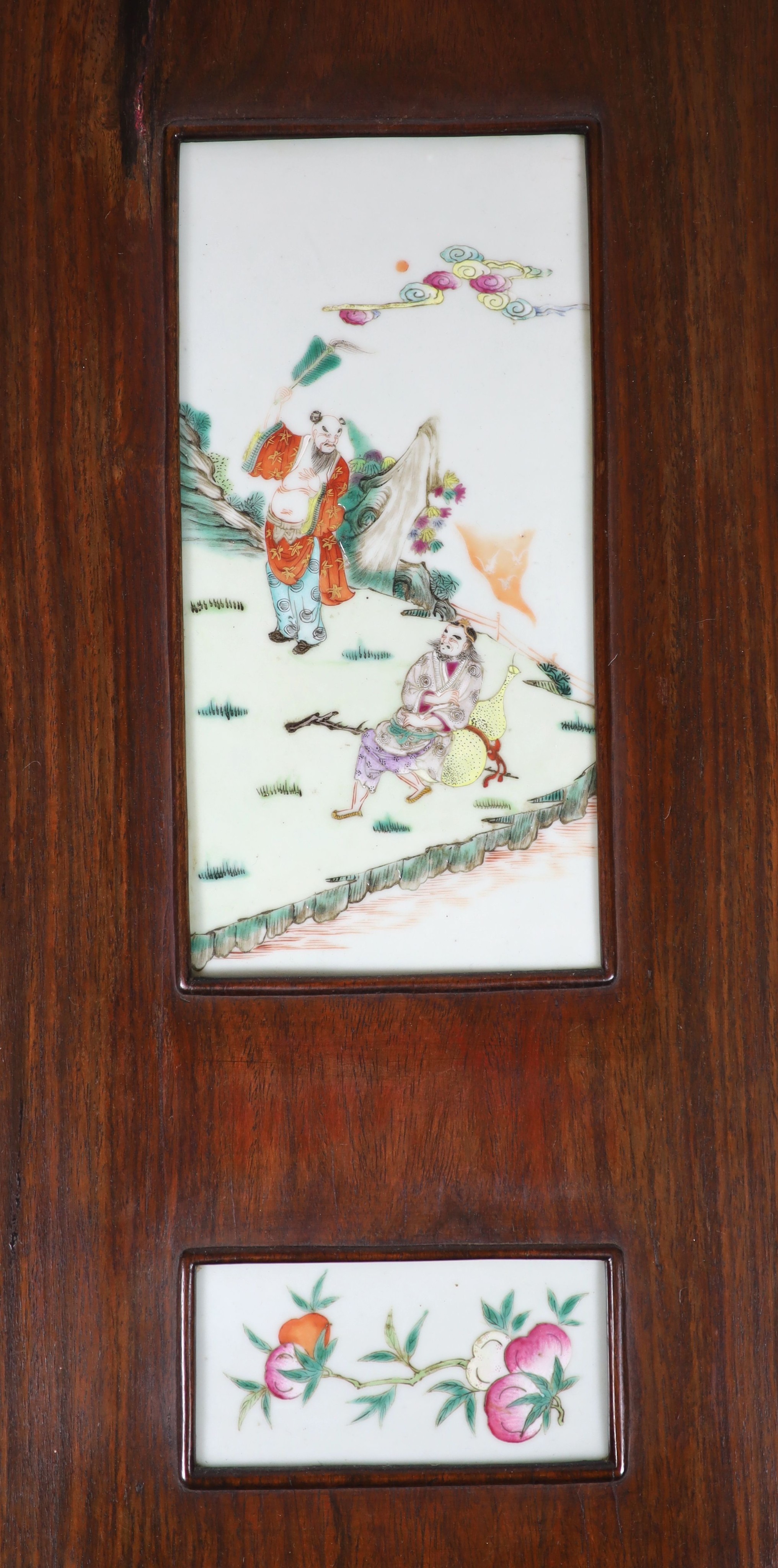 A Chinese porcelain mounted hardwood four fold screen, mid 19th century, Total size 127cm high x 122cm wide